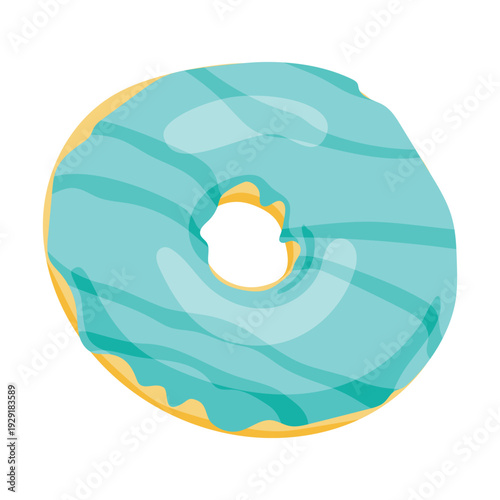 Flat vector illustration blue glazed donut, cute dessert with bite mark isolated on white background for menu and food blog design