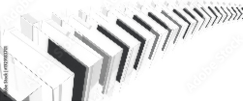 Abstract directional arrows created with black halftone dots and lines moving forward on transparent background suggesting progress and motion