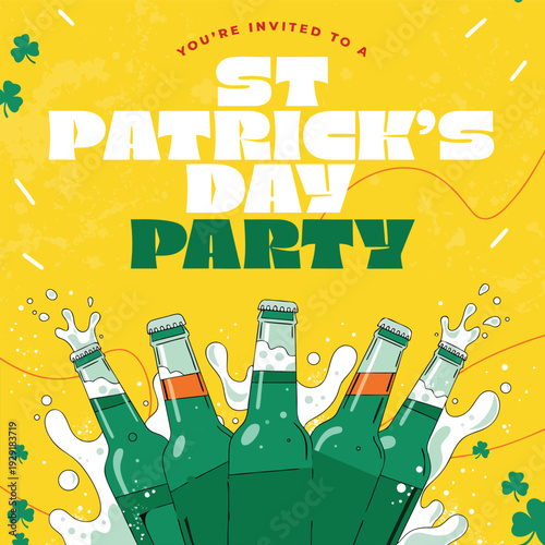 Saint patricks day party poster with green beer bottles and white foam splashes on yellow background with bold white and green typography design