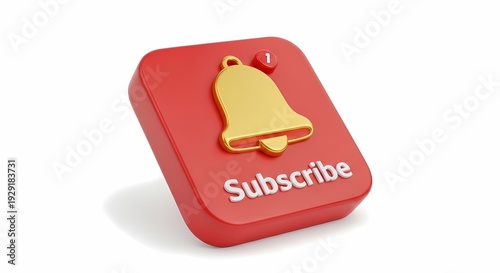 YouTube Subscribe Button with Notification Bell and Number One Alert Icon - 3D Render