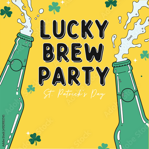 St patricks day party invitation with green beer bottles and shamrocks on yellow background featuring lucky brew party text and foam splashes