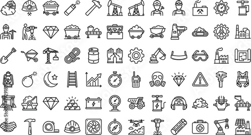 Comprehensive Mining and Industrial Equipment Line Icon Set with Machinery Tools Workers and Safety Symbols