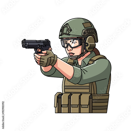 Female Soldier Aiming Handgun with Tactical Gear, Military Illustration
