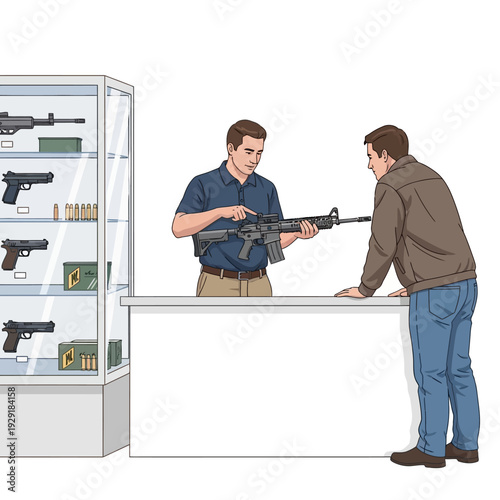 Gun Store Clerk Shows Rifle to Customer, Display Case with Firearms and Ammunition