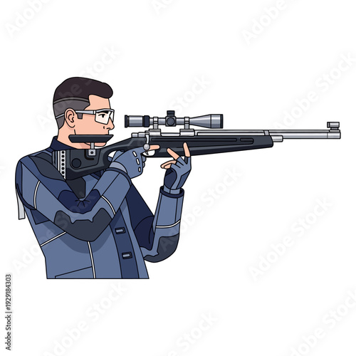 Man aiming rifle with scope, competitive shooting, precision sport, vector illustration