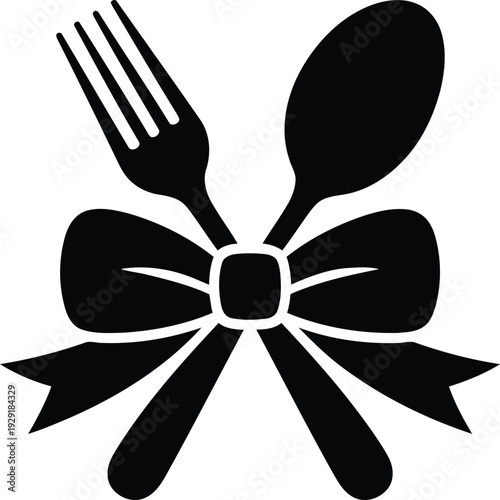A black and white image of a fork and spoon tied with a bow