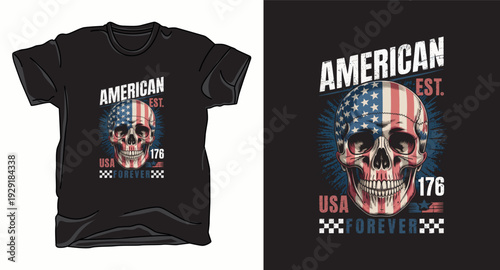 T-shirt design print illustration American skull with flag and text USA forever t-shirt design
