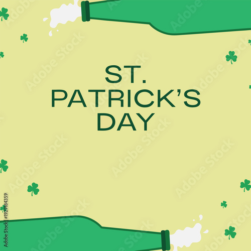 St patrick's day celebration with green beer bottles and clovers on yellow background wishing good times and festivities for everyone