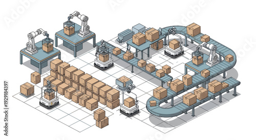 Automated warehouse with conveyor belts and robotic packaging system.