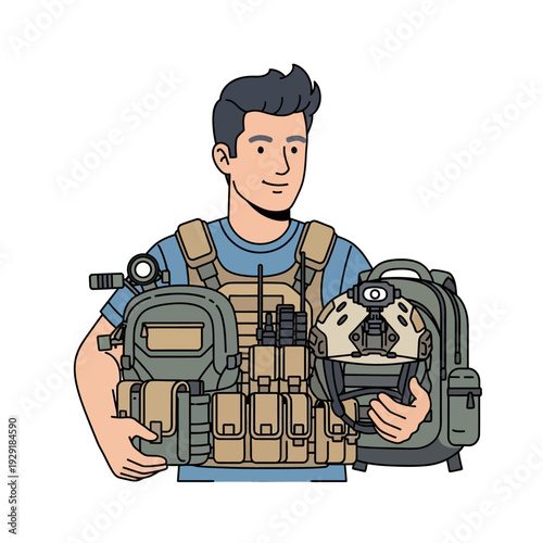 Man Holding Tactical Gear: Vest, Helmet, Backpack, Radio