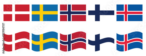 nordic countries flags set denmark sweden norway finland and iceland in rectangle waving and circular styles isolated on white background vector illustration