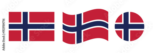 norway national flag set in rectangle waving and circular shapes red blue white nordic cross isolated on white background vector illustration