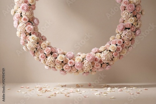 Beautiful elegant floral wreath with pink peonies and white roses flowers hanging on wall for wedding ceremony decoration spring flower arrangement romantic home decor pastel soft colors