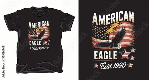 T-shirt design print illustration American eagle with distressed american flag and stars for t-shirt design