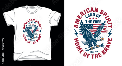 T-shirt design print illustration Eagle carrying usa flag and lightning bolts, american spirit home of brave design