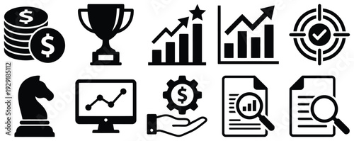 Business and finance icon set: money, trophy, graphs, target, chess, report.