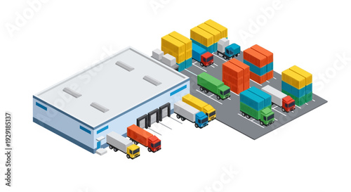 Warehouse with trucks and shipping containers.