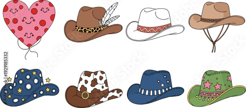 Cute cowboy hat vector illustration set with colorful western hats and heart balloon, cartoon style accessories isolated on white background