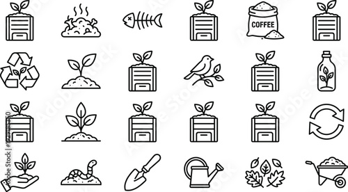 Eco Friendly Agriculture and Sustainability Line Icon Set with Recycling Organic Farming Compost and Green Energy Symbols