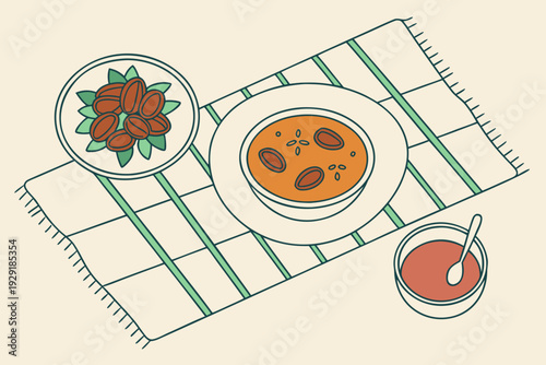 A minimalist isometric view of a dining table setting with bowls of soup and ingredients for a meal