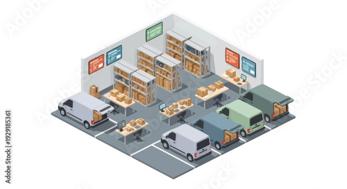 Isometric Warehouse with Trucks and Storage Facilities.