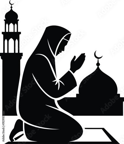 A muslim woman praying in front of a mosque