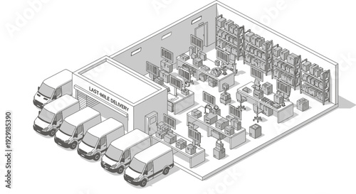 Warehouse with trucks and workers managing inventory and logistics.