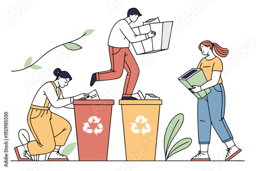 Diverse people actively sorting recyclables into colorful bins for environmental conservation