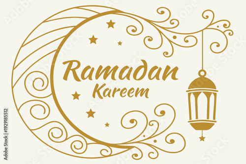 Elegant Ramadan Kareem greeting with crescent moon, stars, and Islamic lantern