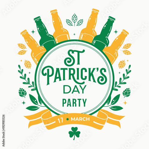 St patricks day party invitation central circle with bottles, leaves, and 17 march