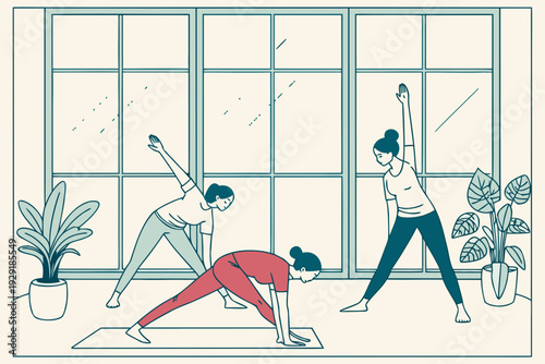 Group of three women performing yoga poses in a sunlit studio with large windows