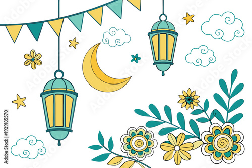 Festive Eid Mubarak Vector Banner Design Featuring Hanging Lanterns, Crescent Moon, and Floral Elements