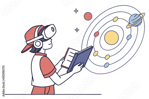 Student wearing VR headset interacts with digital solar system while holding a book