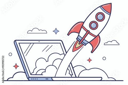 Stylized Rocket Launching From Laptop Screen Symbolizing Startup Growth and Technological Innovation