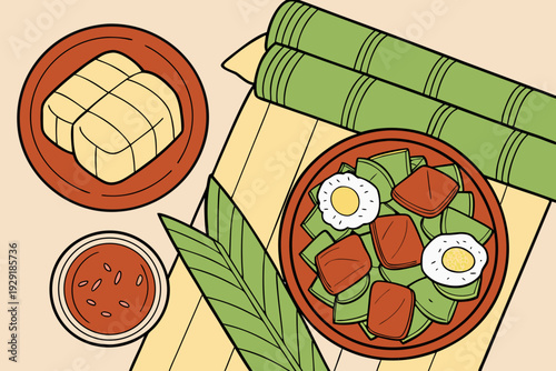 Traditional Southeast Asian Lemang food spread with rice cakes and dips, illustrated in flat vector style