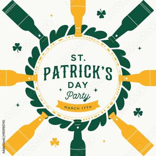 Saint patricks day party poster with circular arrangement of green and yellow beer bottles with shamrock leaves and foliage wreath element