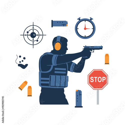 Shooting range target practice with pistol, safety vest, and timer