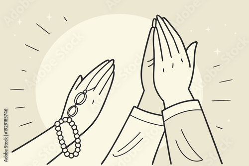 Two hands in prayer, one with a rosary, representing faith and spiritual devotion