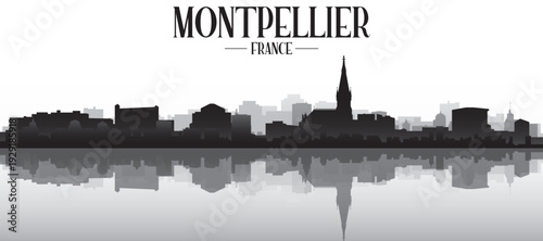 Black and white panoramic poster of the city skyline with misty background buildings and water reflection of MONTPELLIER, FRANCE