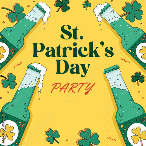 Vintage style st patricks day party flyer with illustrated green beer bottles and shamrock accents on yellow background for festive gathering