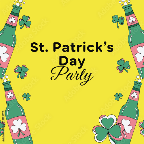 Cute st patricks day party invitation with pink and green beer bottles featuring clover leaf designs on yellow background for march holiday
