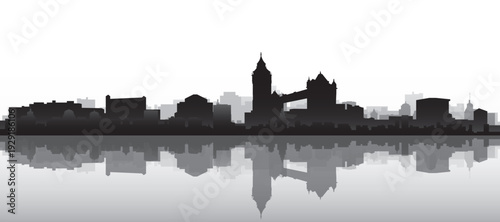 Black and white panoramic poster of the city skyline with misty background buildings and water reflection of LONDON, UNITED KINGDOM