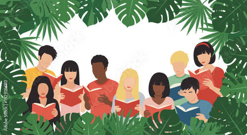 Diverse group of young students hidden behind a frame of lush green tropical leaves while focused on reading their red books.