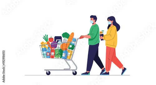 Responsible couple wearing protective face masks while shopping together and pushing a cart full of healthy groceries and vegetables.
