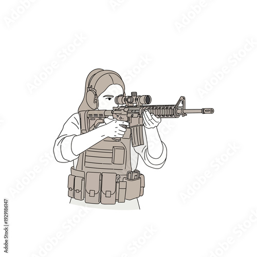 Woman in tactical gear aiming an assault rifle with scope