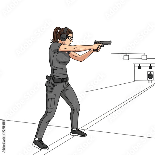 Woman practicing shooting at an outdoor range with handgun and ear protection