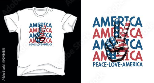 T-shirt design print illustration America peace love and patriotism t shirt design featuring hand peace sign with american flag pattern