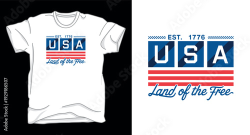 T-shirt design print illustration USA land of the free established 1776 typographic design with red stripes and blue squares for clothing