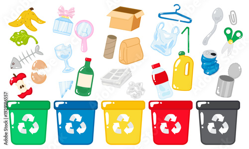 Happy earth day 22 April, garbage separation education, recycle trash clipart set