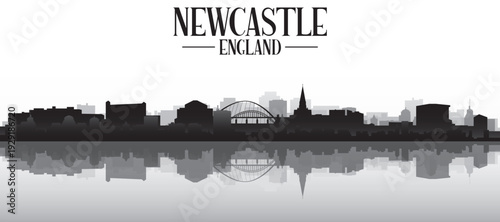 Black and white panoramic poster of the city skyline with misty background buildings and water reflection of NEWCASTLE, UNITED KINGDOM